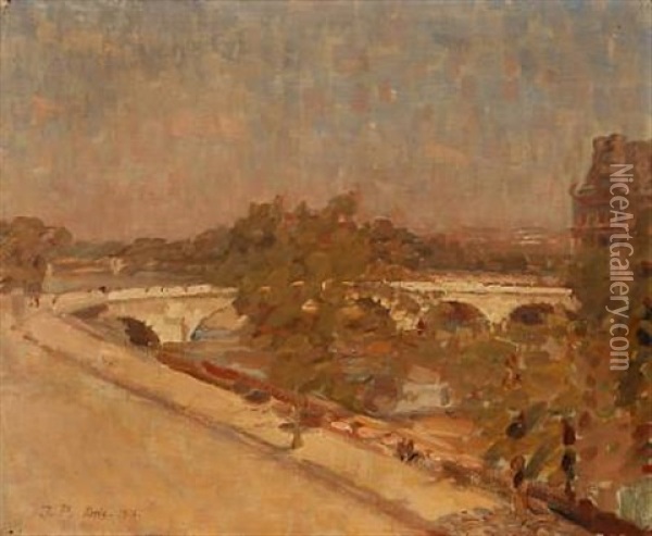 Under Pont Des Arts - Paris Middagssol Oil Painting - Julius Paulsen