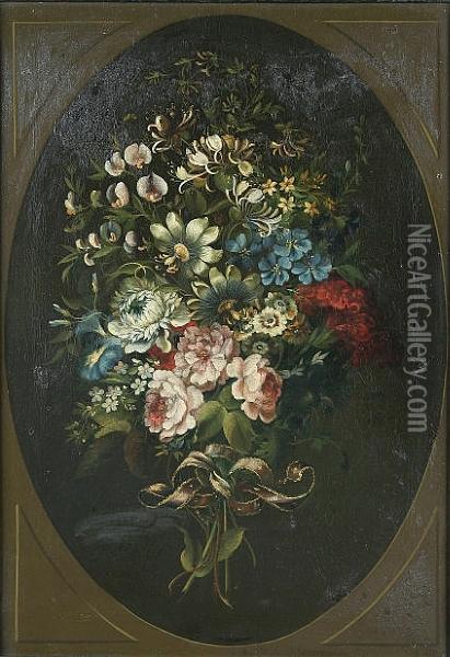 A Ribbon Tied Bouquet Of Flowers, Within A Painted Oval Oil Painting - James Albert