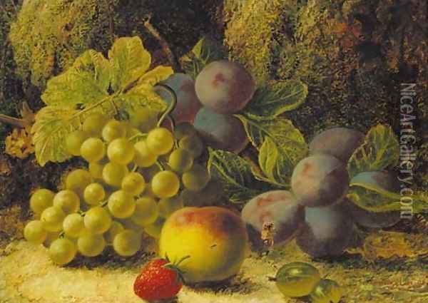 Grapes, plums, gooseberries, a peach, and a strawberry on a mossy bank Oil Painting - Oliver Clare