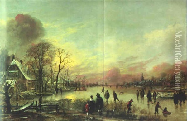 An Extensive Winter Landscape Of A Frozen Lake With Skaters, Houses Nearby And A Church In The Background Oil Painting - Aert van der Neer