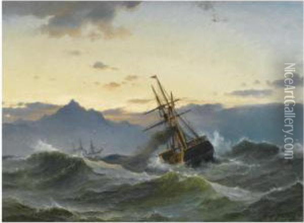 A Paddle Steamer In Heavy Seas Oil Painting - Carl Frederick Sorensen