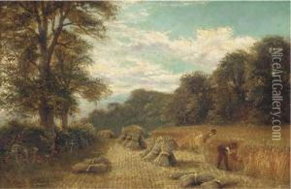 Near Harrogate, Yorkshire; And Harvesting Oil Painting - Charles Henry Passey