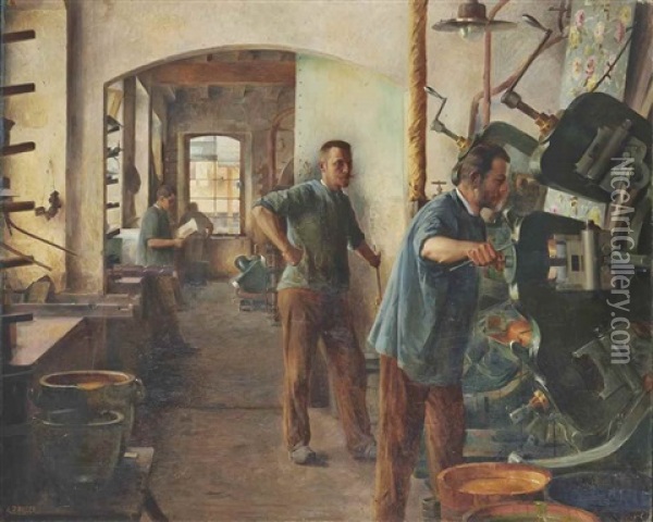 L'atelier De Papier Peint En Alsace Oil Painting - Marie Augustin Zwiller