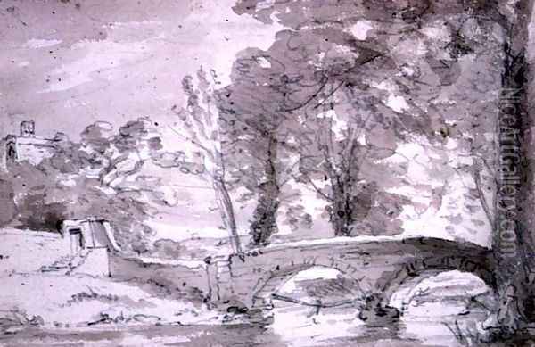 Bridge with Trees and Buildings, at Haddon Oil Painting - John Constable