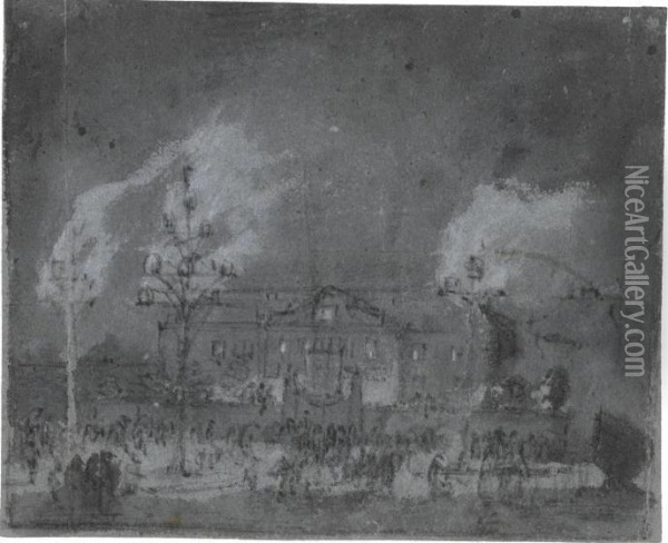 Recto: Fireworks Before A Grand House Oil Painting - Egbert van der Poel