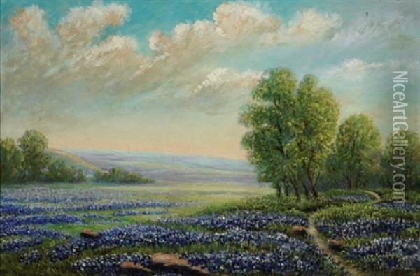 Springtime In Texas, West Of San Antonio (+ Texas Bluebonnets, Oil On Canvas Laid On Board; Pair) Oil Painting - Robert Pearson