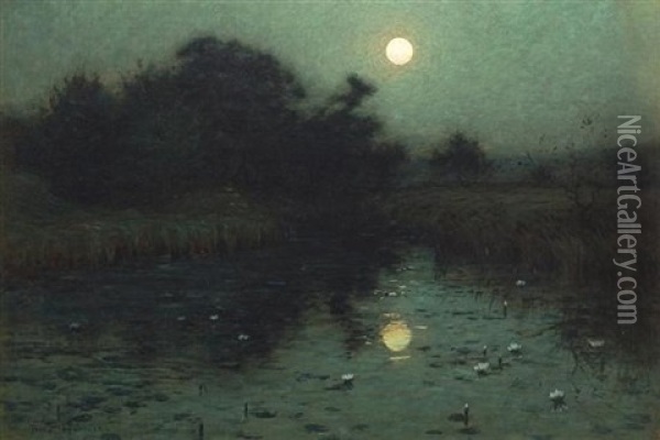 Moonlight Over A Pond Oil Painting - Lovell Birge Harrison