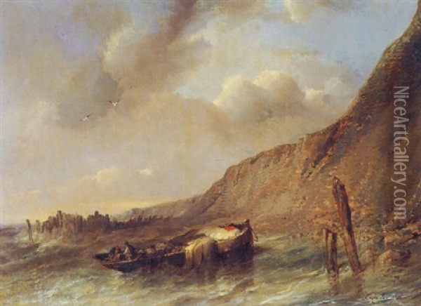 Boat Beached On The Norman Coast Oil Painting - Louis-Gabriel-Eugene Isabey
