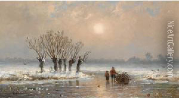 Wood Gatherers On The Ice Oil Painting - Anthonie Jacobus Van Wyngaerts