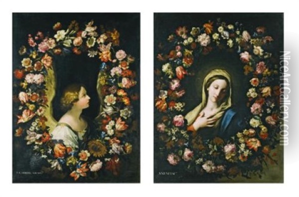A Flower Garland Surrounding The Angel Gabriel; A Flower Garland Surrounding The Virgin Annunciate (pair) Oil Painting - Francesco Mantovano