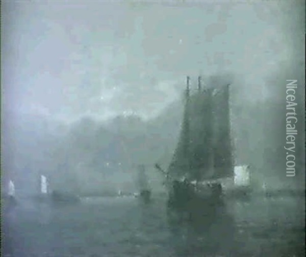 Ships At Sea/ A View Of Boston Harbor Oil Painting - Thomas Clarkson Oliver