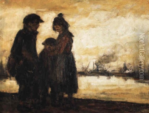 Enfants Des Bassins (soir) Oil Painting - Eugene van Mieghem