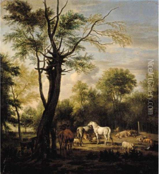 Two Horses, Cows, Sheep And Goats In A Woodland Clearing Oil Painting - Adrian Van De Velde