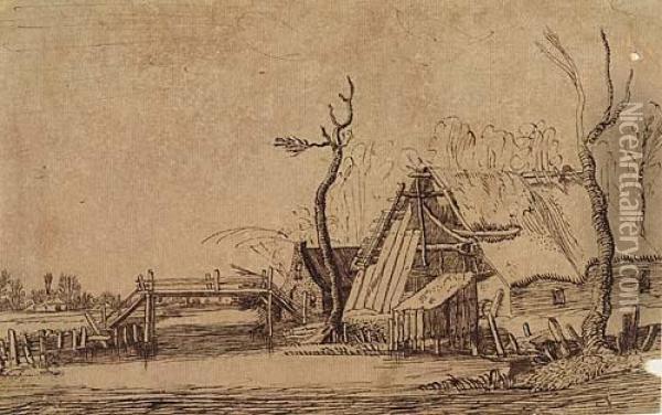 A Cottage Beside A River With A Bridge Oil Painting - Jan I Van De Velde