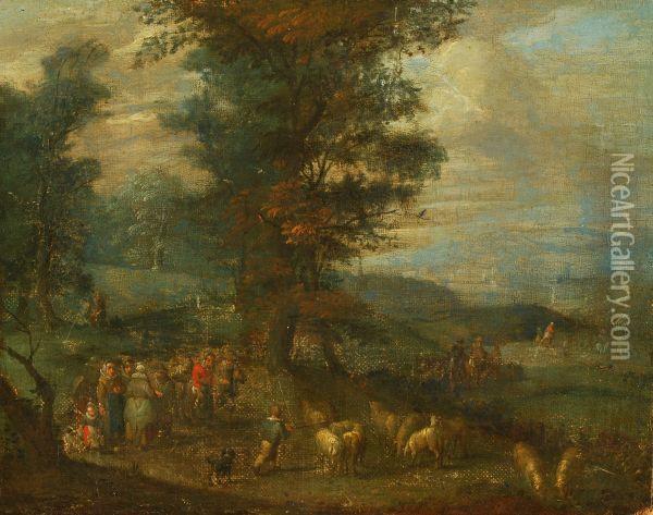 Figures In A Wooded Landscape With A Town Beyond Oil Painting - Jan The Elder Brueghel