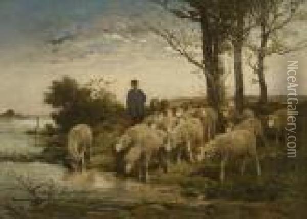 Schafer Mit Herde Am Wasser Oil Painting - Felix Saturnin Brissot de Warville