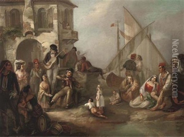 A Tune On A Maltese Quay Oil Painting - Hermann Bruecke