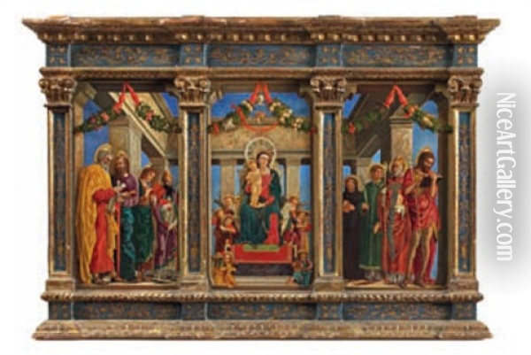 La Vierge A L'enfant Entoures D'anges (+ 2 Others; Triptych) Oil Painting - Andrea Mantegna