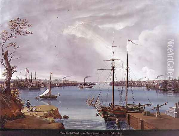 View of New York, Brooklyn and the Navy Yard taken from the Heights near Willamsburg, c.1835-45 Oil Painting - Nicolino Calyo