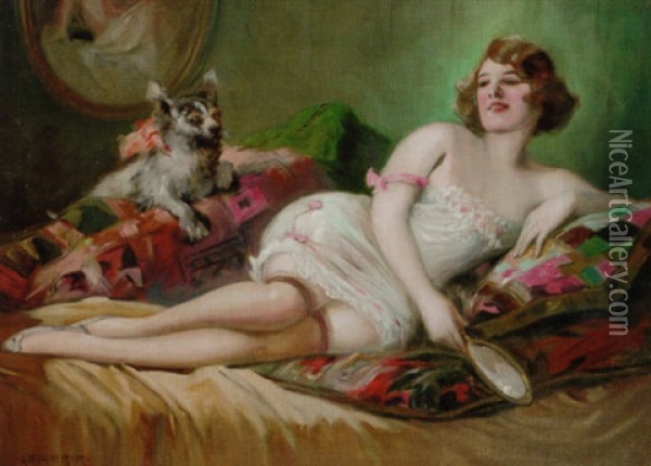 A Girl Reclining On A Bed With A Dog Oil Painting - Richard Geiger