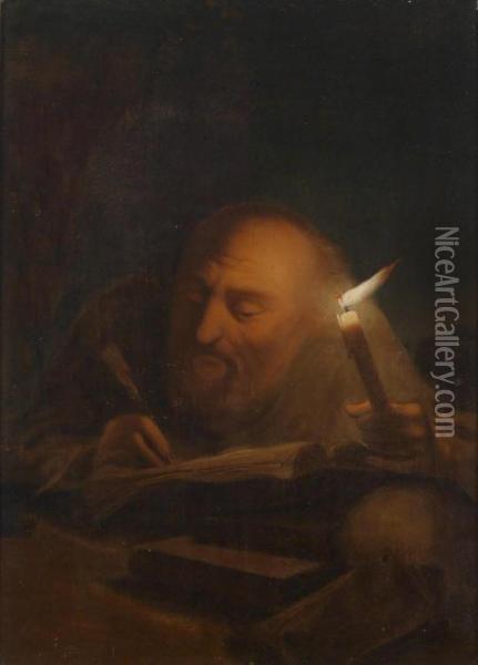 Saint Jerome In His Study By Candlelight Oil Painting - Godfried Schalcken