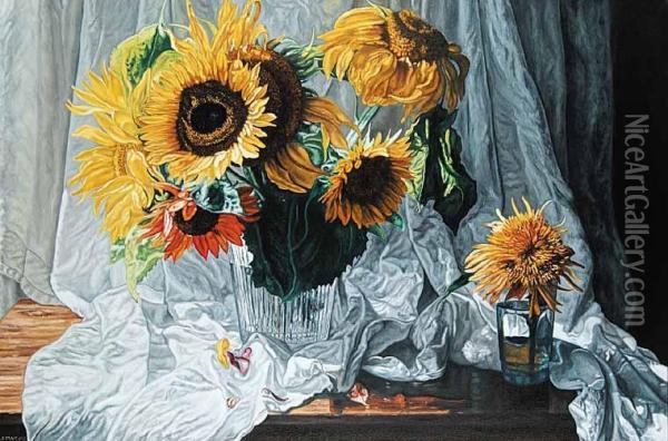 Sunflowers And Drape Oil Painting - Robert Leman