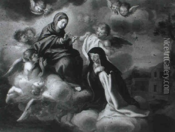 The Madonna Presenting Saint Catherine Of Sienna With A     Rosary Oil Painting - Giovanni Odazzi