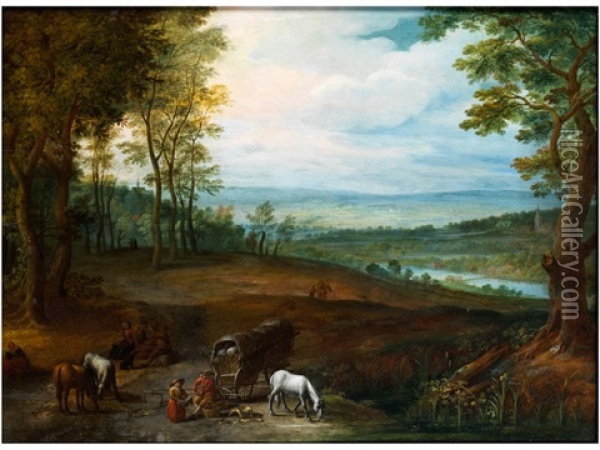 Weite Landschaft Mit Rastendem Fuhrwerk Und Einem Grasenden Schimmel Oil Painting - Jan-Peter van Bredael the Younger