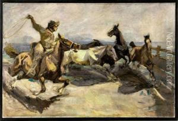 Cowboy Beimeinfangen Von Pferden Oil Painting - Hermann Sattler