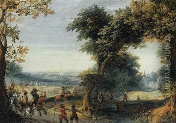 A Wooded Landscape With A Cavalry Skirmish, A City Beyond Oil Painting - Mattheus Molanus