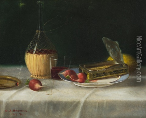 A Cigar On A Tabletop With Wine, Radishes, And Sardines, 1890 Oil Painting - Nicholas Alden Brooks