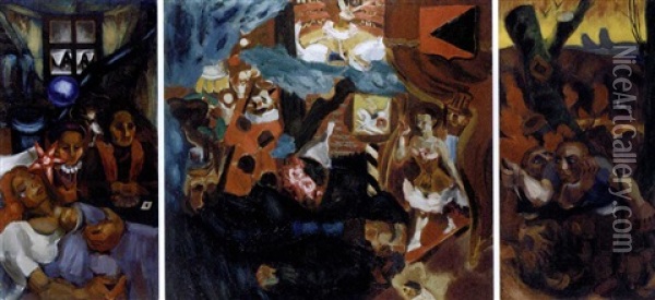 La Nativite, Le Songe Et La Mort Du Vagabond - A Triptych Oil Painting - Henri Le Fauconnier