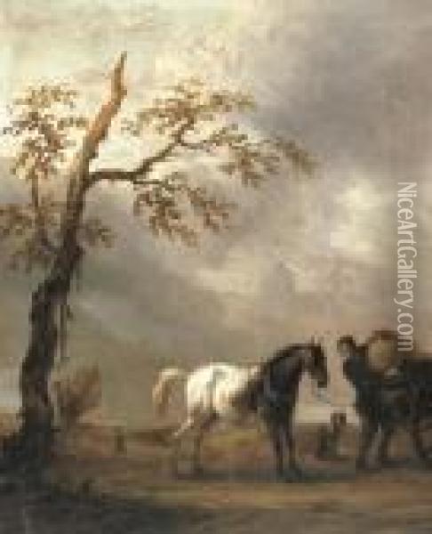 A Horse Stalling With A Peasant Loading A Cart In A Landscape Oil Painting - Pieter Wouwermans or Wouwerman