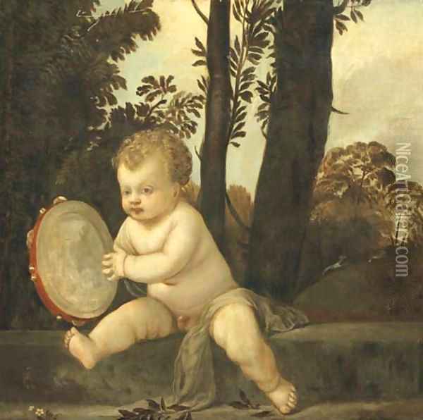 A putto playing the tambourine in a wooded landscape Oil Painting - Tiziano Vecellio (Titian)