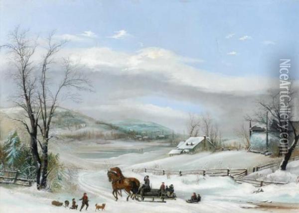 Winter Landscape With Horse And Sleigh Oil Painting - M.L Cass