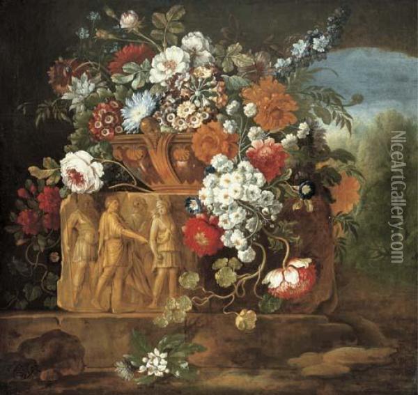 Roses, Peonies, Daisies And Other Flowers In A Sculpted Vaseresting On An Antique Frieze Oil Painting - Pieter III Casteels