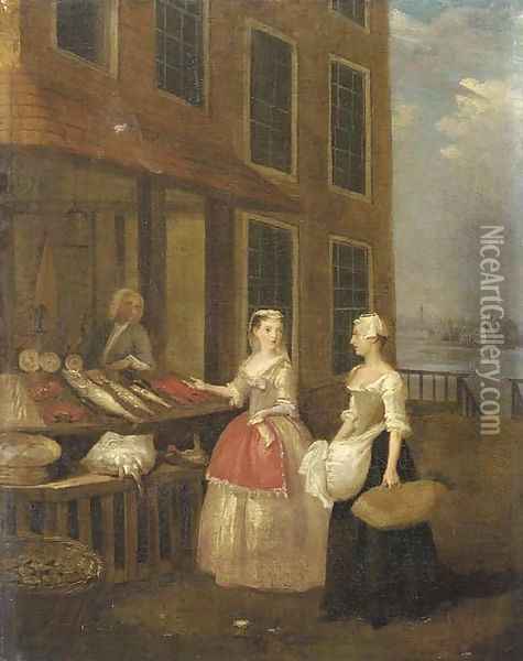 A lady and her maid at a fishmonger the river Thames with the Monument and the City of London visible beyond Oil Painting - Pieter Angellis