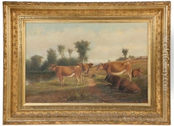 Pastoral Scene Of Cows On Path Next To Pond, With Distant Village (probably Auburn) Oil Painting - Delbert Dana Coombs
