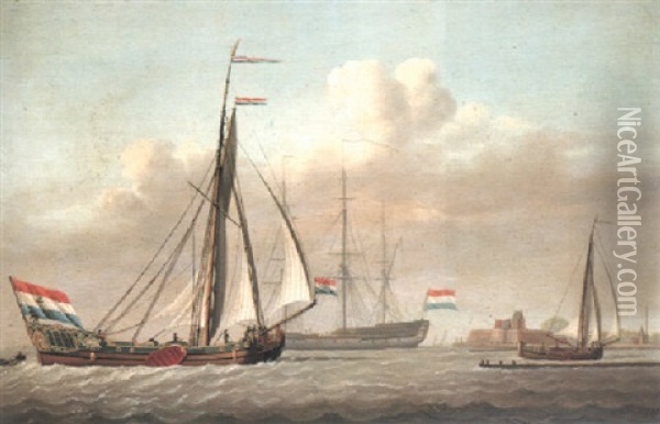 A Dutch Yacht, A Merchantman And A Pink Off A Coastline Oil Painting - David Kleyne