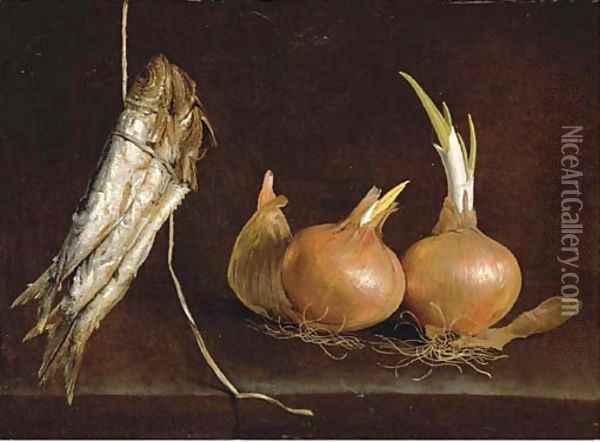 Sardines suspended from twine and onions on a stone ledge Oil Painting - Giuseppe Recco