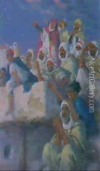 Groupe De Croyants Decouvrant Le Croissant Du Mois De       Ramadhane Oil Painting - Alphonse Etienne Dinet