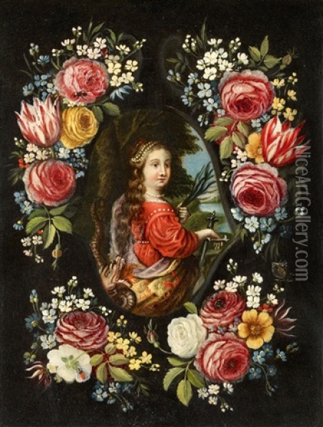 Flowers Before A Stone Relief Of Saint Martha Of Bethany (collab W/studio) Oil Painting - Jan van Kessel the Elder