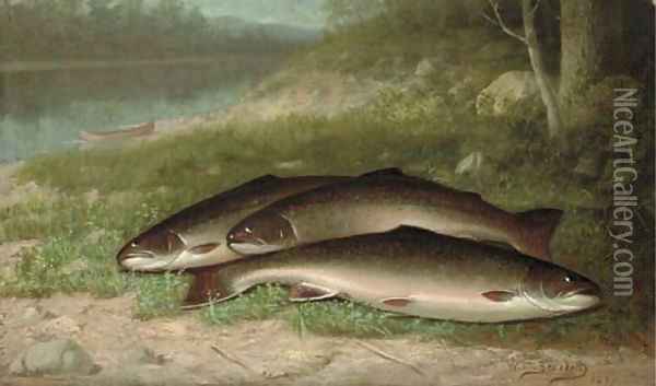 Trout on a River Bank Oil Painting - Walter M. Brackett