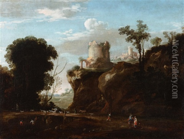 Figures In A Rocky Landscape With A Tower Oil Painting - Filippo Napoletano