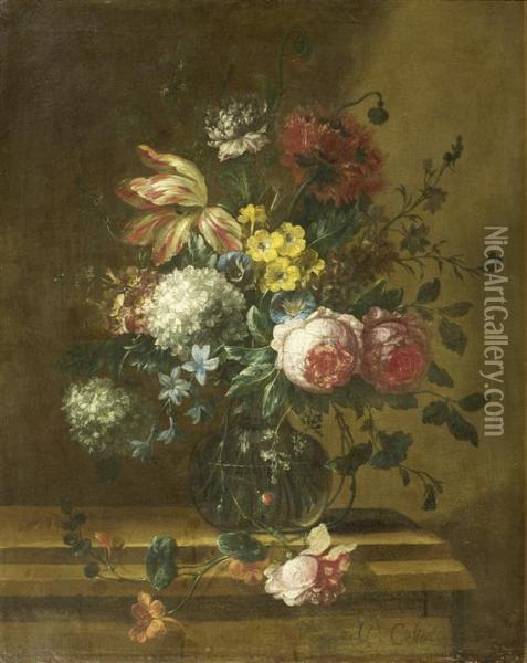 Bouquet Of Flowers In A Glass Vase On A Stone Ledge Oil Painting - Pieter III Casteels