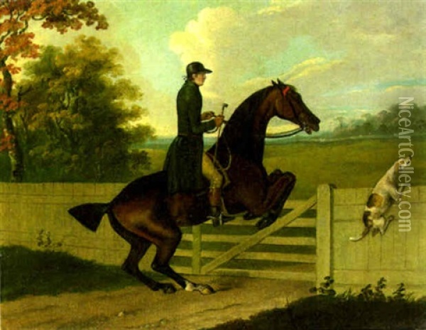Huntsman With Hounds Taking A Gate Oil Painting - John Nost Sartorius