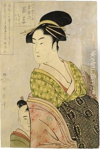 Wakaume Of The Tamaya In Edo-Cho Itchome, [Kamuro] Mumeno, Iroka Oil Painting - Kitagawa Utamaro