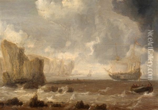 A Dutch Battleship And Sailing Boats In Choppy Seas Near A Rocky Coast Oil Painting - Bonaventura Peeters the Elder