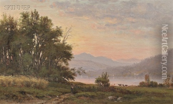 Lake View At Sunset Oil Painting - George Frank Higgins