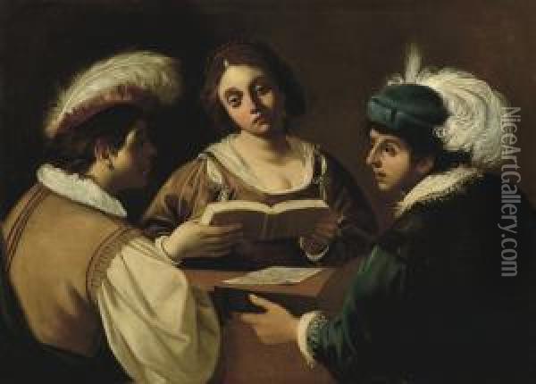 Due Giovani E Una Fanciulla Oil Painting - Niccolo Renieri (see Regnier, Nicolas)